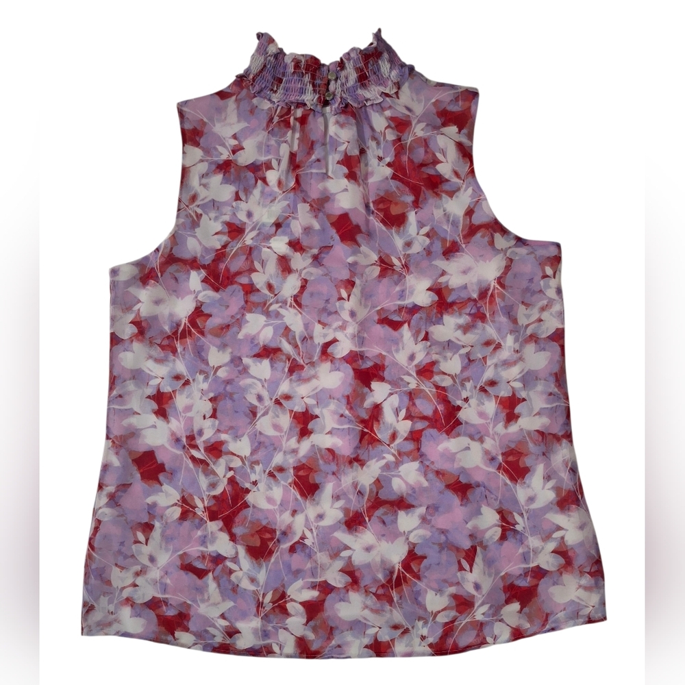 New Calvin Klein Purple Floral Sleeveless Lined Smocked Neck Top Size XL - Picture 9 of 10